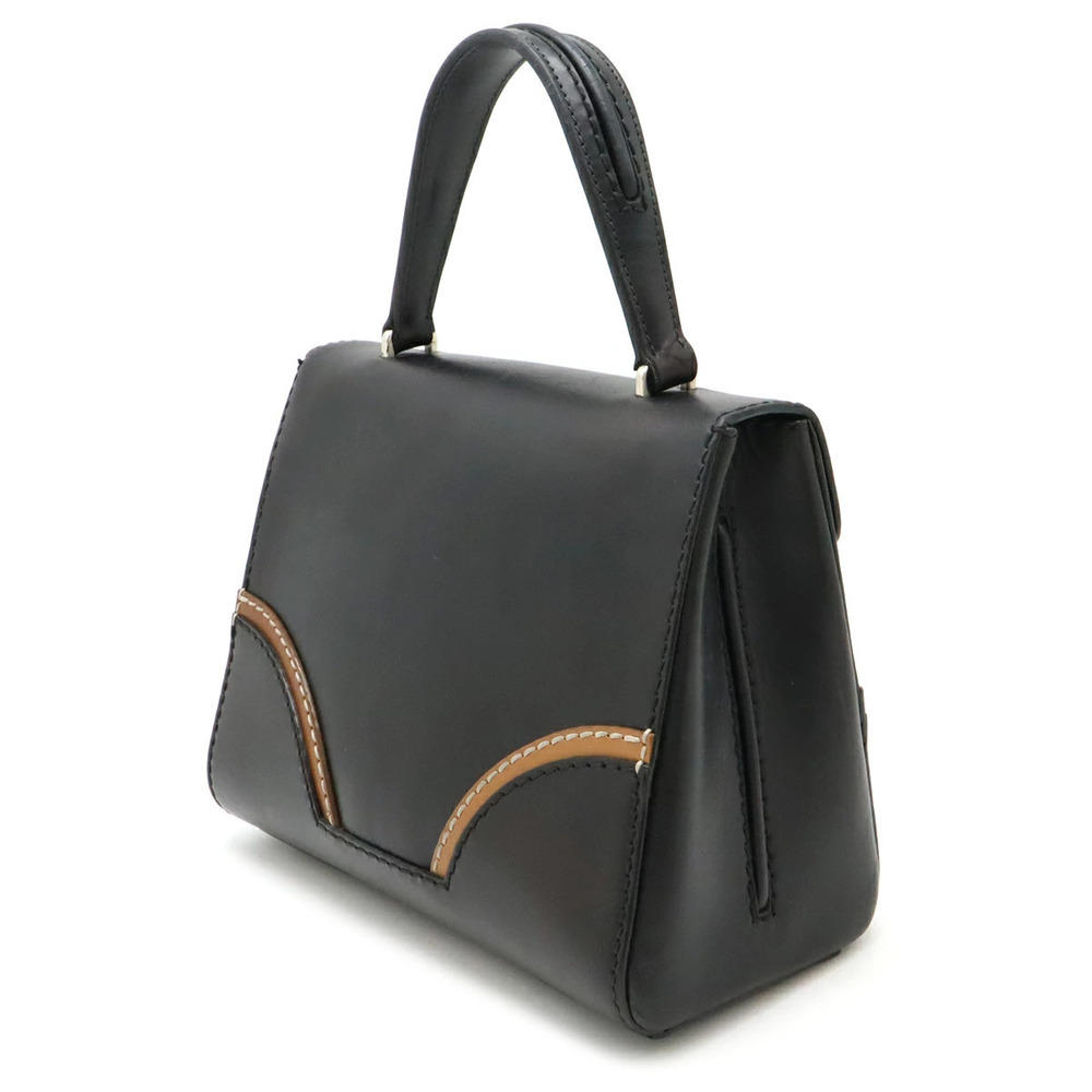 Prada Flap Bag Handbag Black Key NERO Stitch Brown Rim Camel Leather Brown Tan